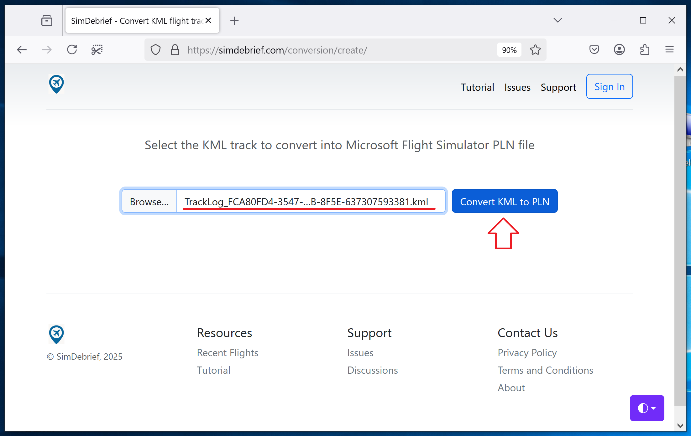 KML file selected for conversion